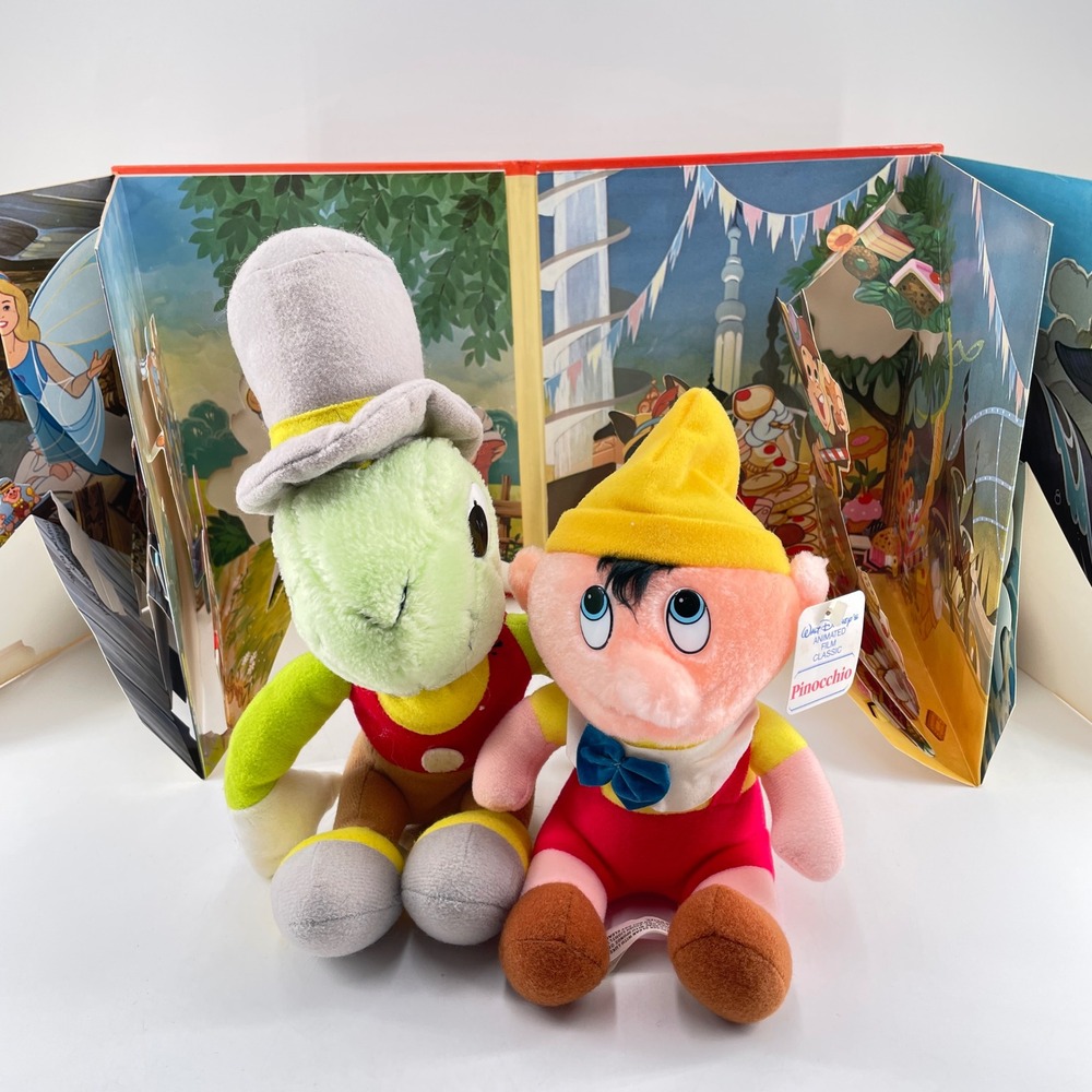 Disney Pinocchio Jiminy Cricket Plush Sears TCA & 80s Pop-Up Movie Storybook Set
